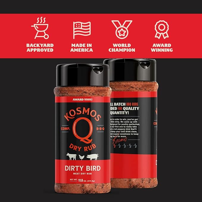 Kosmos Q Dirty Bird BBQ Dry Rub, Sweet and Spicy Seasoning with Brown Sugar, Red Pepper, Garlic & Paprika For Chicken Wings, Ribs, Pulled Pork, Dry Rub For Smoking & Grilling, 11 Oz Shaker Bottle