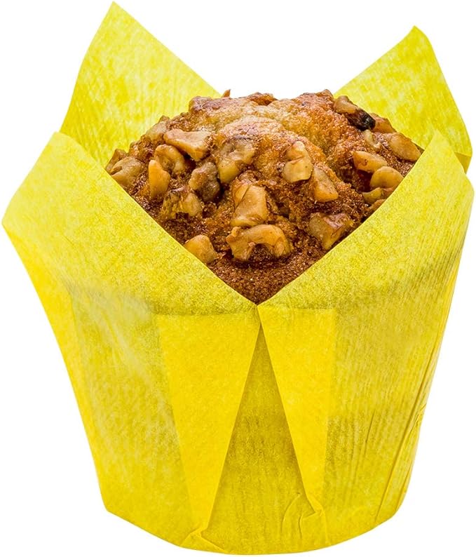 Restaurantware Panificio Premium 4 oz Yellow Paper Tulip Baking Cup: Paper Baking Cups Perfect for Muffins Cupcakes or Mini Snacks - Greaseproof - Disposable and Recyclable - 200ct Box