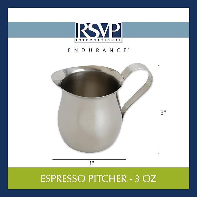 RSVP International Endurance Kitchen Collection Bell Shaped Creamer/Milk Pitcher for Espresso Machine with Handle & Pour Spout, Small, 3 oz. Capacity