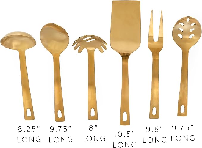 Darware Complete Serving Spoon & Utensil Set (6-Piece Set, Gold); w/Pasta Server, Fork, Spoon, Slotted Spoon, Ladle, & Cake/Casserole Server, SH_2629
