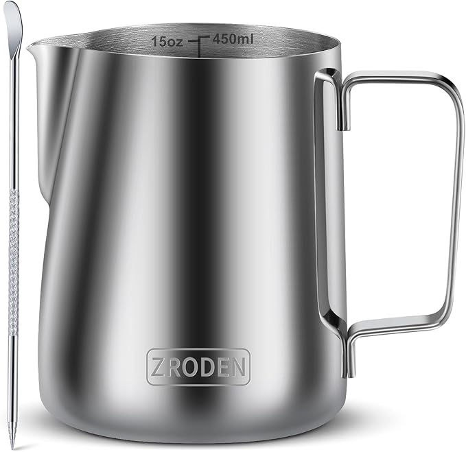 Milk Frothing Pitcher, 15oz 450ml Espresso Steaming Pitchers Stainless Steel Cappuccino Coffee Machine Accessories Barista Tools, Steamer Froth Pitchers Milk Jug Cup with Decorating Pen Latte Art