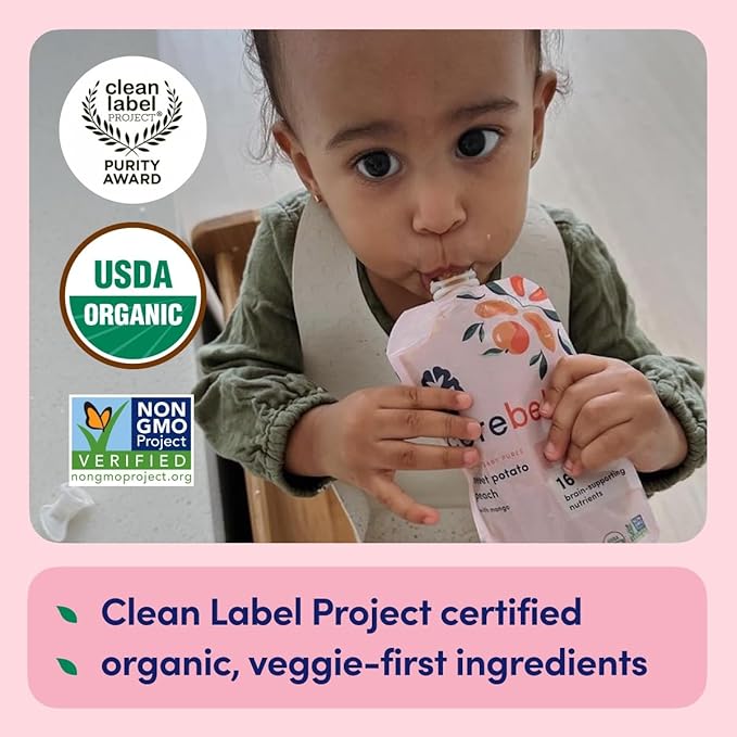 Cerebelly Organic Baby Food Pouches ??Dairy Free Smoothies for Toddlers | No Added Sugar, Fiber, Non-GMO | Toddler Smoothie Pouches | 4oz BPA-Free Baby Food | Sweet Potato Peach | 12 Count