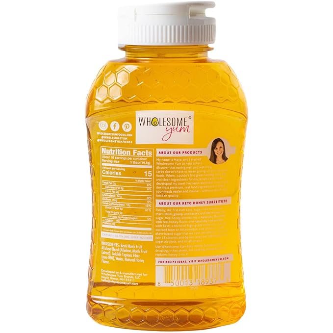 Wholesome Yum Zero Sugar Honey Substitute (Keto) - Natural Sugar Free Honey Alternative With Monk Fruit & Allulose - Zero Net Carbs, Non GMO, Gluten Free, No Aftertaste (11 oz)
