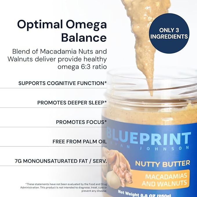 Blueprint Bryan Johnson Nutty Butter ??Chunky Macadamia Nut Butter with Walnut ??No Palm Oil, No Added Sugar ??Just 3 Ingredient Nut Butter??Keto, Vegan, Paleo ??Low Carb Nut Butter Snack ??8.8oz Jar