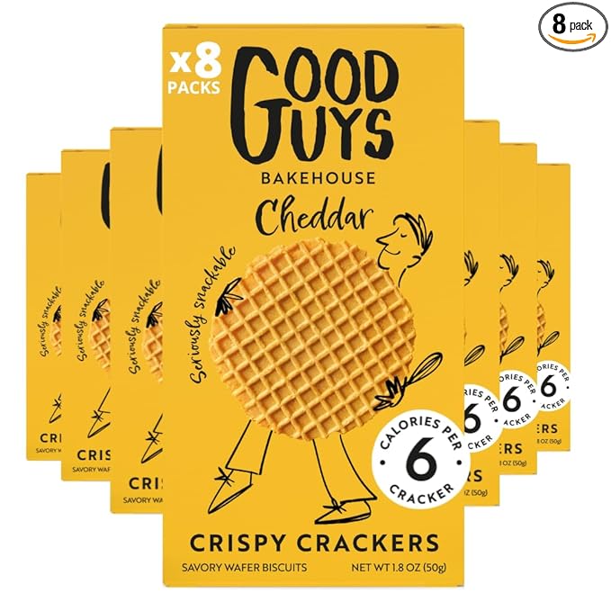 NEW! Good Guys Cheddar Crackers | Low Calorie Snacks |Tasty, Crispy, Healthy Cheese Crackers | 39 Biscuits Per Pack. Non-GMO | 8 Packs