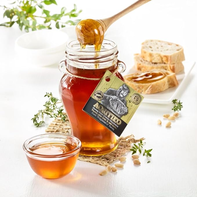 Aoritiko Pure Cretan Mountain Honey | Greek Honey | 100% Natural, Wildflower & Herb-Infused, Rich Aromatic Flavor | Harvested from Pristine Greek Flora | 250 gram glass jar