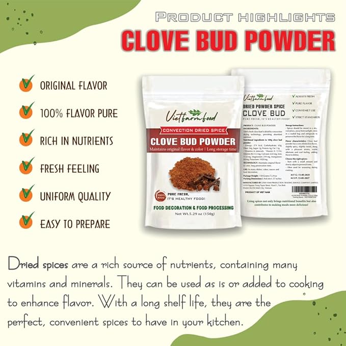 CLOVE BUD POWDER 5.29 Oz (150g) VIETFARMFOOD: Pure, natural freeze-dried spice made from real vegetables and fruits - perfect for enhancing every meal, from cooking, baking, salads, soups, sauces