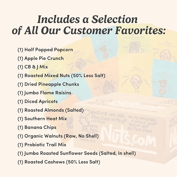 Nuts.com - Nuts and Dried Fruits Snack Box ??Gourmet Mix Assortment for Summer and Festive Gifts ??Package Includes Mixed Nuts, Dried Apricots & Fruits, Trail Mix, Heat Mix and Apple Pie Crunch