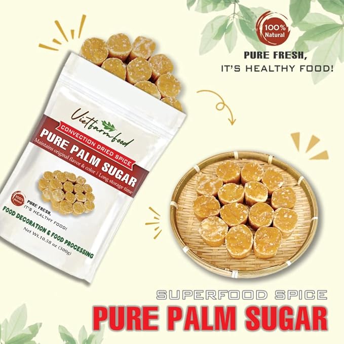 PURE PALM SUGAR 10.58 Oz (300g) VIETFARMFOOD: Natural pure, convection dried seasoning made from real fruits - perfect for adding flavor to any meal, from cooking, baking, salads, soups, sauces