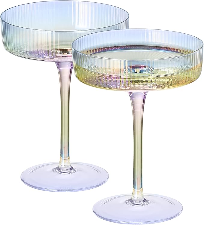 Iridescent Coupe Glasses, Martini, Champagne Cocktails, Vintage Art Deco | Set of 2 | 7.1 oz Stemmed Classic Manhattan Glasses For Speakeasy, Cocktail, Margarita, Ripple Coupes, Gatsby, Crystal Stems