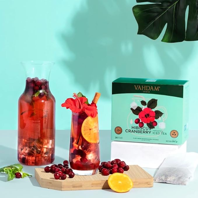 Hibiscus Cranberry Iced Tea Bags (26 Pitcher Tea Bags/52 Quarts) Zero Added Sugar | Naturally Sweet | Blended w/Hibiscus & Cranberry | Best for Mocktails & Cocktails | Biodegradable Tea Bags | VAHDAM