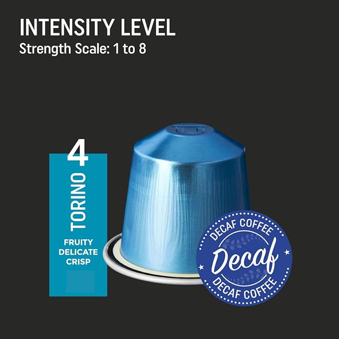 Decaf Italian ‘Torino’ Espresso Compatible with Nespresso | 100 Decaffeinated Aluminum Capsules | Bold Italian Flavor With No Buzz | Medium roast Arabica unfolds fresh fruits, flowers and honey