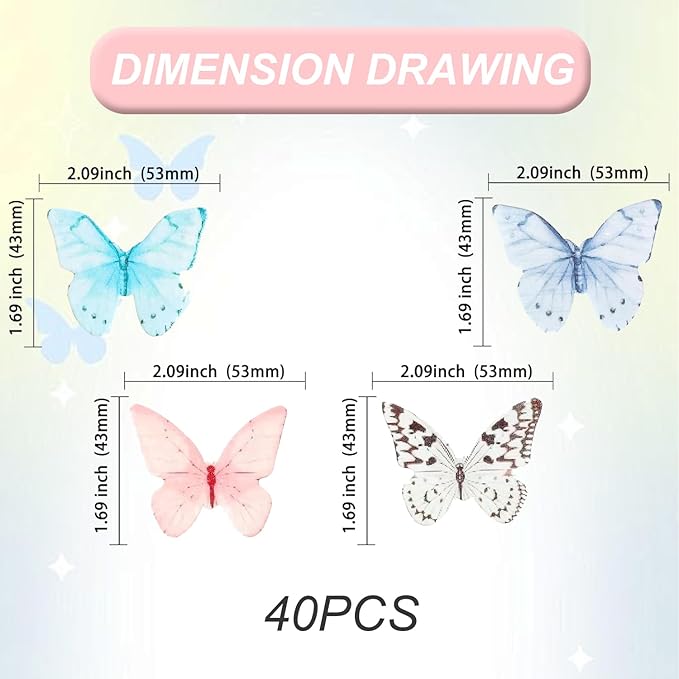 40Pcs Butterfly Cake Topper 3D Butterflies Edible Cupcake Decorations Mixed Color Girl Women Wedding Birthday Party Decorations