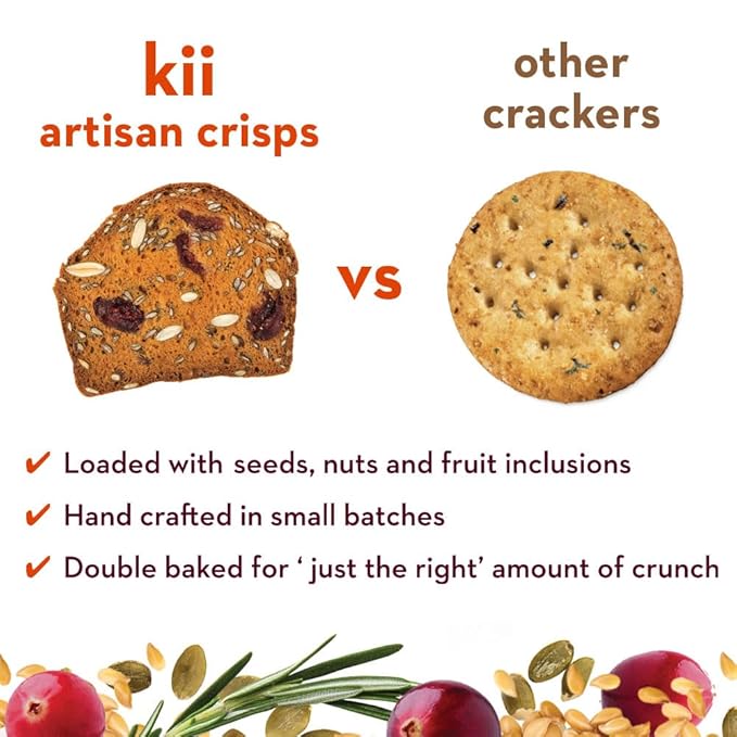 Kii Naturals Artisan Crisps, Healthy Snack Crackers for Cheese, Meats, Spreads, Charcuterie Board - Non-GMO, Kosher, No Preservatives, Hand-Crafted - Cranberry Pumpkin Seed, 5.3 Ounce (Pack of 12)