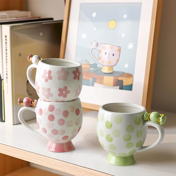 Ceramic Mug Cute Candy Shape, Unique Holiday Mug with Handle Hot Cocoa Cup Perfect for Tea & Coffee Lovers, Gifts for Family Friends or Children 12 OZ (Pink Flowers)