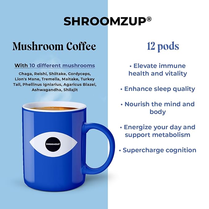 Shroomzup Mushroom Coffee K Cups 12 Pods - 10 Mushroom Coffee with Ashwagandha and Shilajit - Dark Roast Single Serve K-Cup Pods
