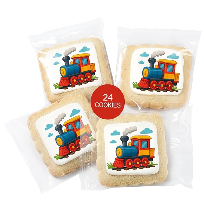 Train Cookies Choo Choo Train Theme Party Favors | Individually Wrapped 24 Pack Themed Cookies | Transportation Vehicles | Birthday Baby Shower Kids Adults Treats