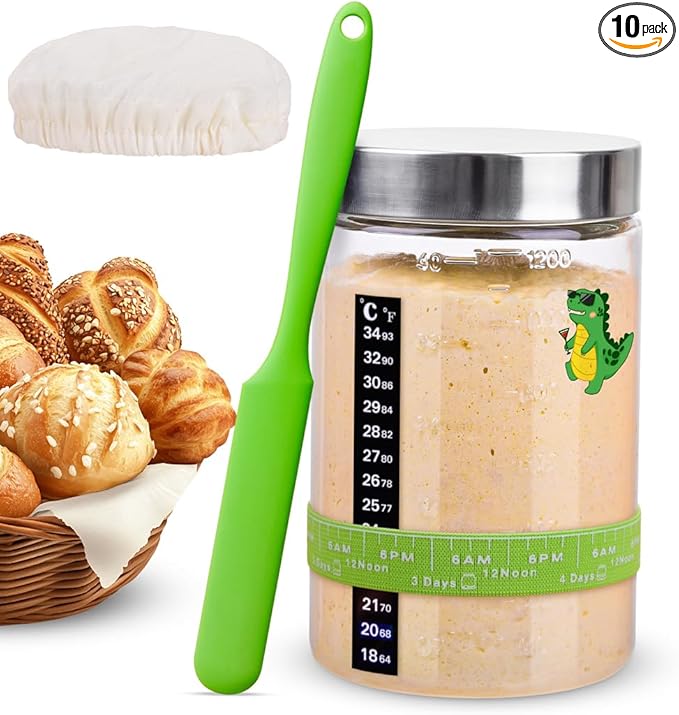 40oz Large Sourdough Starter Jar Glass Kit Wide Mouth with Black Silicone Spatula, Aluminum Lid, Cloth Cover, Date Marked Band, Thermometer (Transparent)