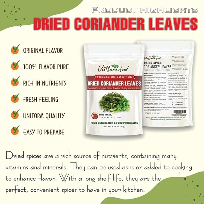 DRIED CORIANDER LEAVES (CILANTRO) 1.76 Oz (50g) VIETFARMFOOD: Pure, natural freeze-dried spice made from real vegetables - perfect for enhancing every meal, from cooking, baking, salads, soups, sauces