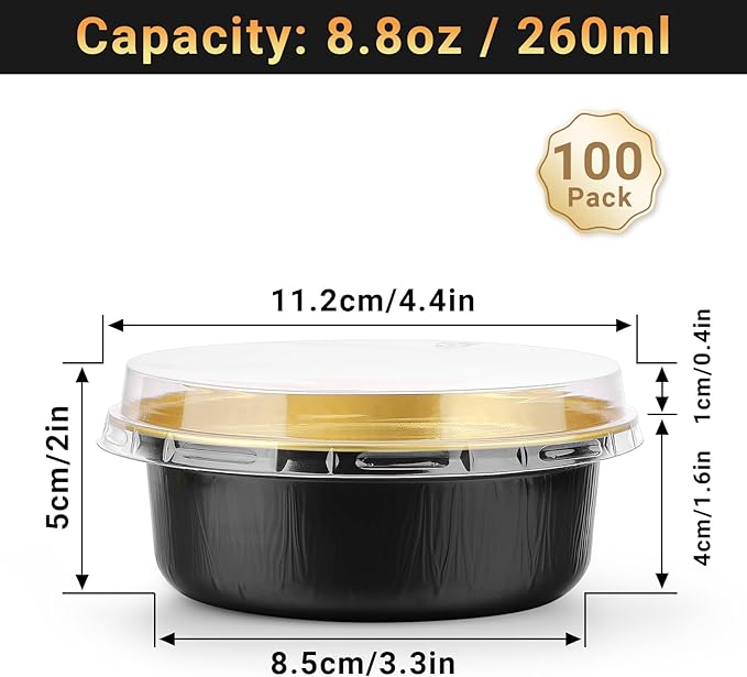Beasea Disposable Ramekins with Lids, 100 Pack 8.8oz 260ml 4 Inch Round Aluminum Foil Cups Disposable Cupcake Pudding Mini Baking Cups for Party - Black Gold