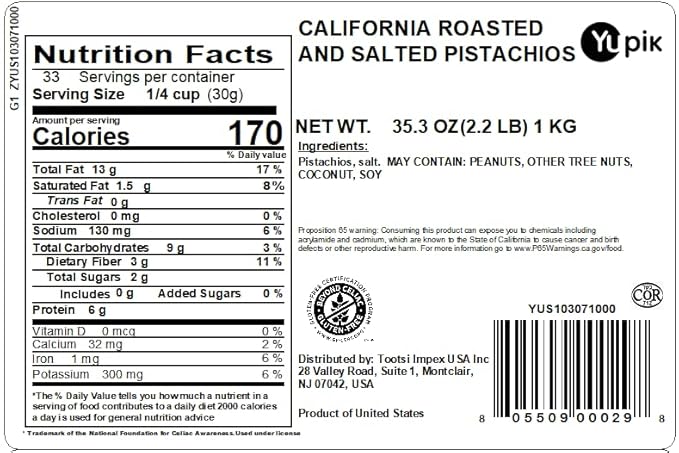 Yupik Dry Roasted Salted Pistachios, In Shell, 2.2 lb (35.2 oz), Gluten-Free, Kosher, Crunchy Nuts from California, Lightly Salted, Oil-Free, Source of Fiber & Iron, Savory Snack Once Shelled