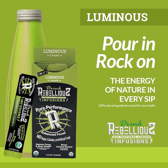 Rebellious Luminous Limeade Organic Drink Mix ??Zero Calorie Energy Drink Mix | Monk Fruit & Green Tea Extract | L-Theanine + Natural Caffeine | 100% Plant-Based | Pack of 10 | Keto,Gluten-Free