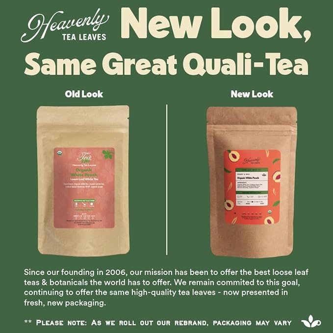 Heavenly Tea Leaves Organic White Peach, Loose Leaf White Tea, 4 oz. (Approx. 50 Cups of Tea) - Peach Aroma, Natural Sweet Taste, Lightly Caffeinated, Antioxidant Rich