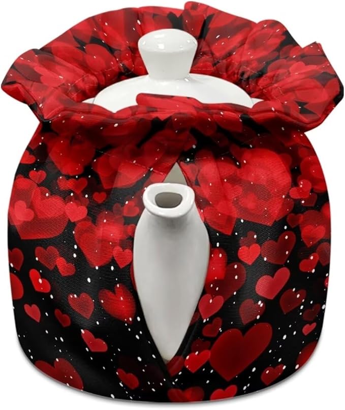 Red Glitter Love Heart Print Tea Pot Cozies Double-Sided Valentine Drawstring Teapot Dust Cover Insulation Warmth Breakfast Pot Holder Washable Reusable Table Decoration