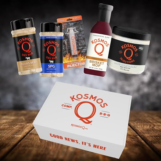 Kosmos Q Pitmaster BBQ Brisket- 5 pc Set - Texas Beef Rub, SPG Rub, Brisket Mop, Moisture Magic, 1oz Injector