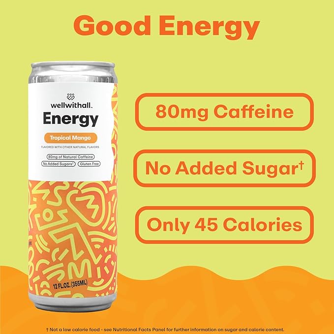 WellWithAll Tropical Mango Energy Drink ??Caffeine from Tea ??With Vitamin C ??Lightly Sparkling Beverage ??Fruit & Veggie Juice Blend ??12 Oz (Pack of 12)