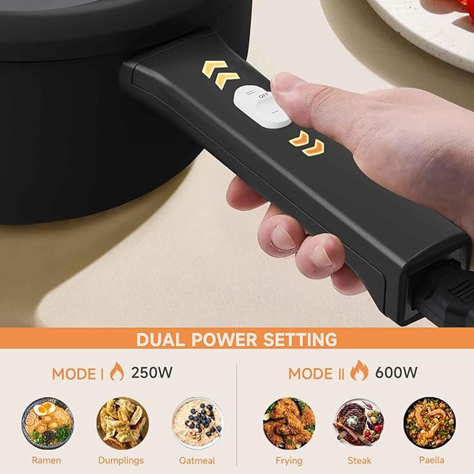 Dezin Electric Cooker, 2L Non-Stick Saut챕 Pan, Rapid Noodles Cooker, Mini Pot for Ramen with Power Adjustment, Dorm Room Essential