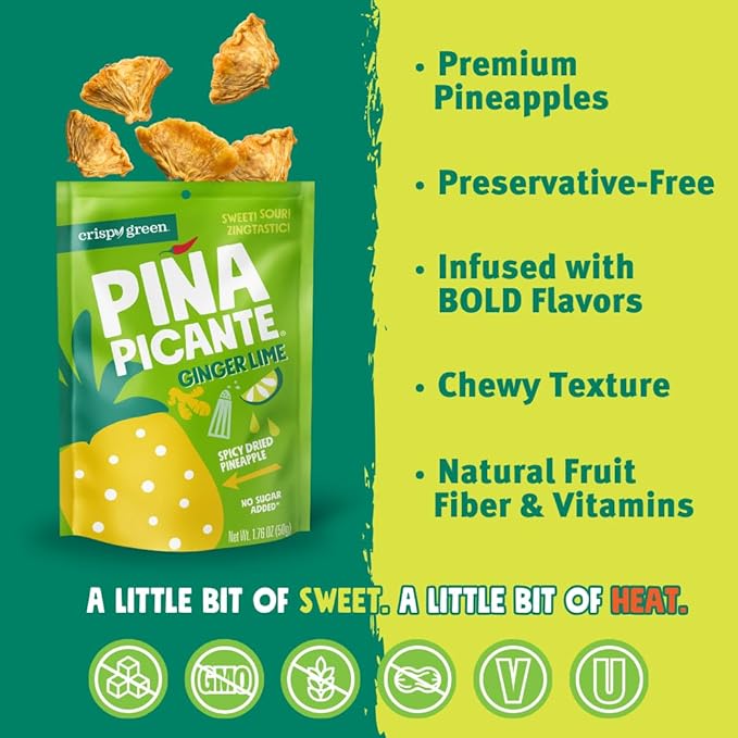 Crispy Green Pi챰a Picante, Ginger Lime Dried Pineapple, Healthy Real Fruit Snacks, 1.76 Ounce, 12 Single Serve Bags