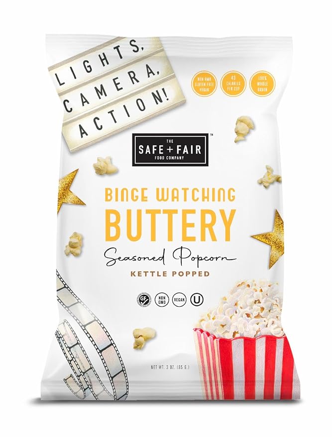 Safe + Fair Plant Based Gourmet Binge Worthy Buttery Seasoned Popcorn - Binge Worthy Buttery Seasoned Popcorn Non-GMO + Gluten Free + Vegan + Kosher Snacks, 3 oz, Pack
