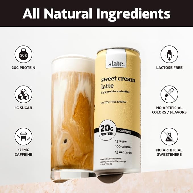 Slate Milk - High Protein Iced Coffee - Sweet Cream Latte - 175mg Caffeine, Lactose Free Energy - 20g Protein, 1g Sugar, 100 Calories, 1g Net Carbs, No Sugar Added - Protein Coffee - 11 fl oz, 24 Cans