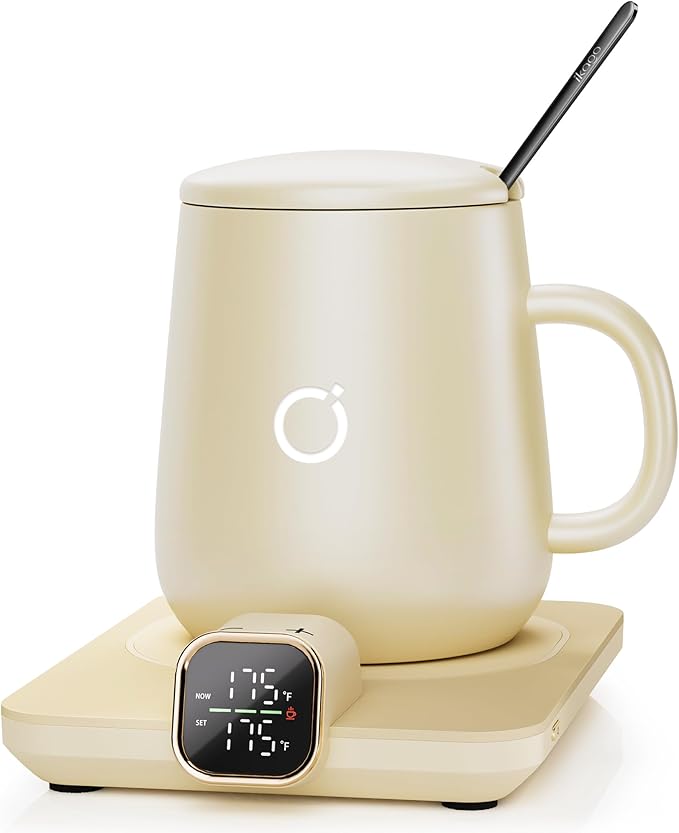 Coffee Mug Warmer Set, Temperature Control Smart Heated Mug for Desk, Electric Coffee Warmer with Auto Shut Off & Real-Time Temp Display, Gifts for Men Women, 15oz, Beige