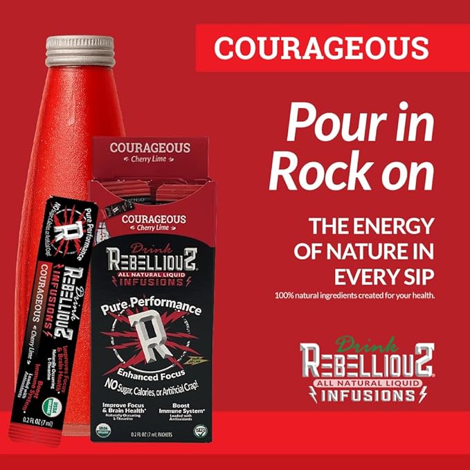 Rebellious Courageous Cherry Lime Organic Drink Mix ??Zero Calorie Energy Drink Mix | Monk Fruit & Green Tea Extract | L-Theanine + Natural Caffeine | 100% Plant-Based | Pack of 10 | Keto,Gluten-Free
