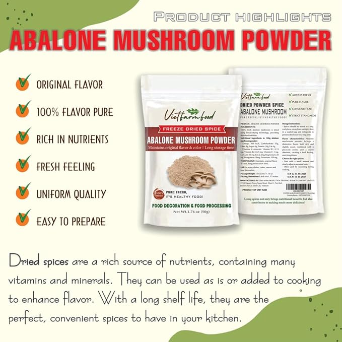 ABALONE MUSHROOM POWDER 1.76 Oz (50g) VIETFARMFOOD: Pure, natural freeze-dried spice made from real vegetables and fruits - perfect for enhancing every meal, from cooking, baking, salads, soups, sauce