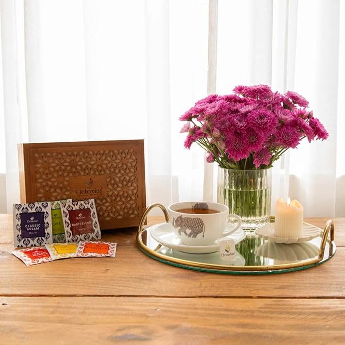 Octavius Floral Cutwork Wooden Tea Sampler Box | Tea Variety Pack Sampler | Green & Black Tea Assortment Gift Box | Perfect For Gifting & Personal Consumption - 6 flavor & 90 bags