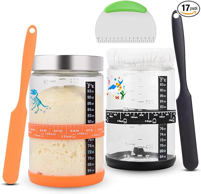 2 40oz Large Sourdough Starter Jar Glass Kit Wide Mouth with Silicone Spatula, Aluminum Lid, Cloth Cover, Date Marked Band, Thermometer, Stainless Steel Dough Scraper
