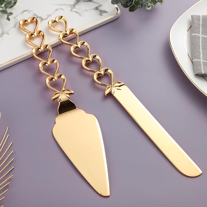 Wedding Cake Knife and Server Set Stainless Steel Gold Cake Knife Pie Server Serving Utensils Set for Wedding Birthday Parties