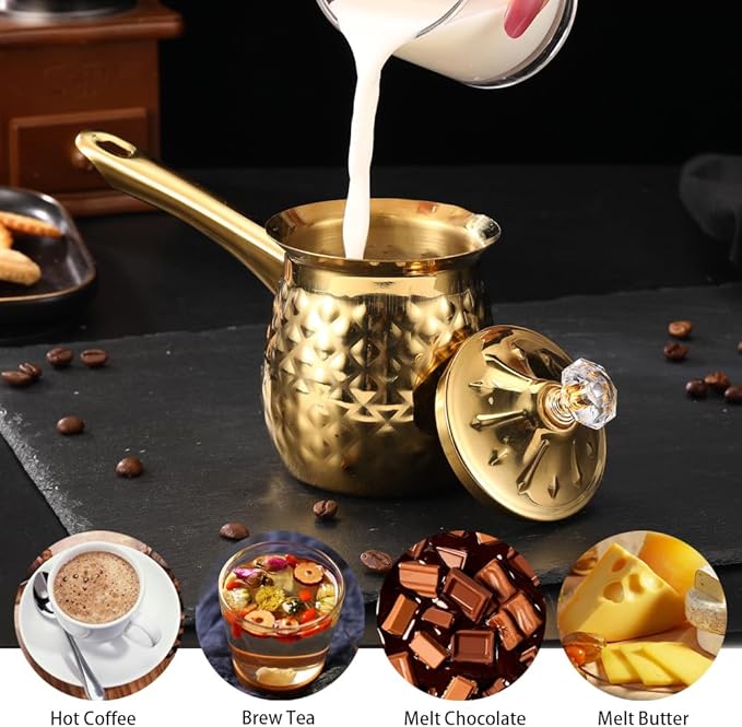 Stainless Steel Turkish Coffee Pot, Moka Pot, Espresso Maker for Stove Top, Camping Coffee Pot, Greek Arabic Coffee Warmer with Lid & Handle, Gold, 600 Ml / 20 Oz