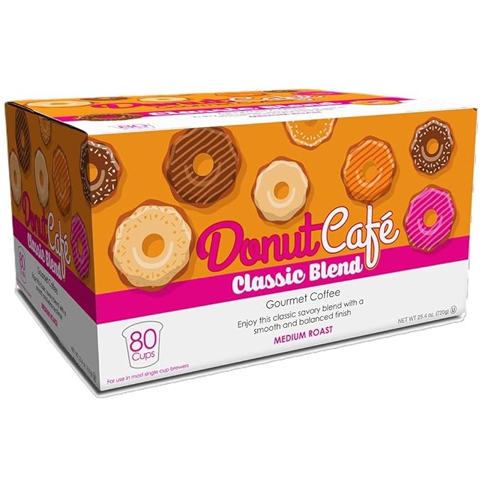 Donut Café - Coffee Gourmet Pods, Classic Blend, Medium Roast – Non-GMO, Gluten Free – Compatible with Keurig K Cup Brewers – Smooth & Delicious – 80 Count