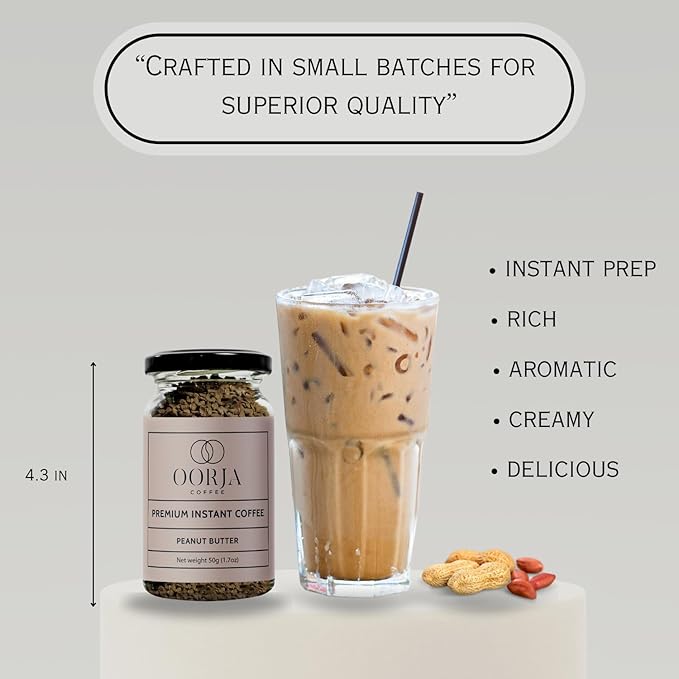 OORJA Instant Coffee Granules - Peanut Butter Flavored Freeze Dried Coffee Made From Medium Roast 100% Arabica Beans for Quick Hot and Iced Coffees, 25 Servings