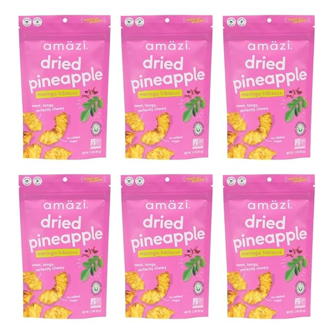 Am채zi Foods | Dried Pineapple - Moringa Hibiscus (6 Pack) | All Natural Snacks | No Sugar Added Dried Pineapple | Dehydrated Fruit