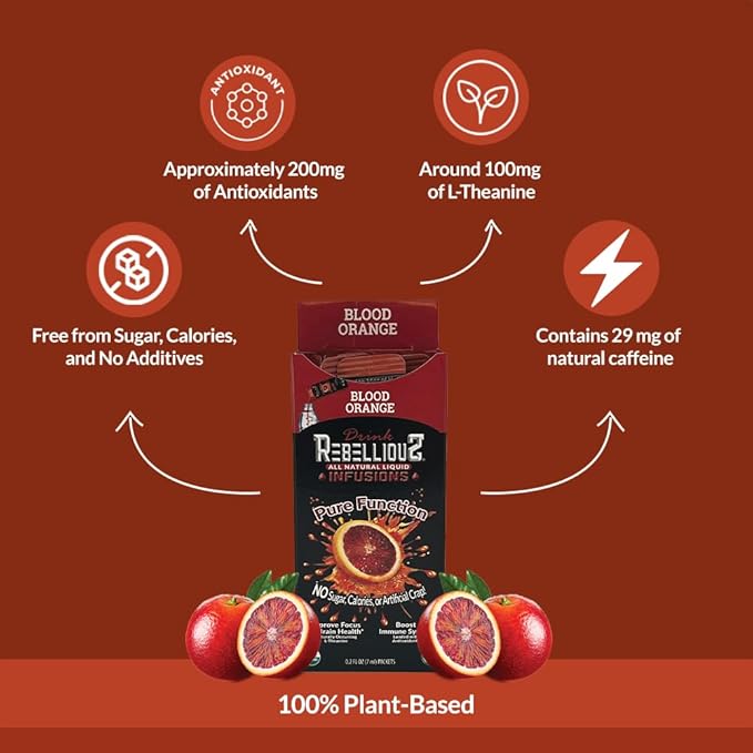 Rebellious Blood Orange Organic Drink Mix ??Organic Zero Calorie Energy Drink Mix | Monk Fruit & Green Tea Extract | L-Theanine + Natural Caffeine | 100% Plant-Based | Pack of 10 | Keto,Gluten-Free