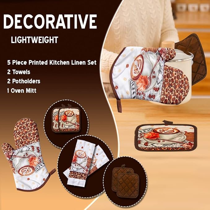 Lobyn Value Packs: 5-Piece Caf챕 Latte Kitchen Towel Set ??Quilted Oven Mitt & 2 Potholders, Perfect for Coffee Lovers