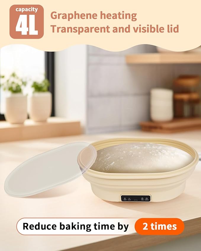 4L Heating Bread Proofing Basket Set Foldable Thermostatic Silicone Bowl with 77-122??6 Gears Temperature & 6H Timer, for Artisan Baking Sourdough Starter Bread Making Supplies Tools Kit