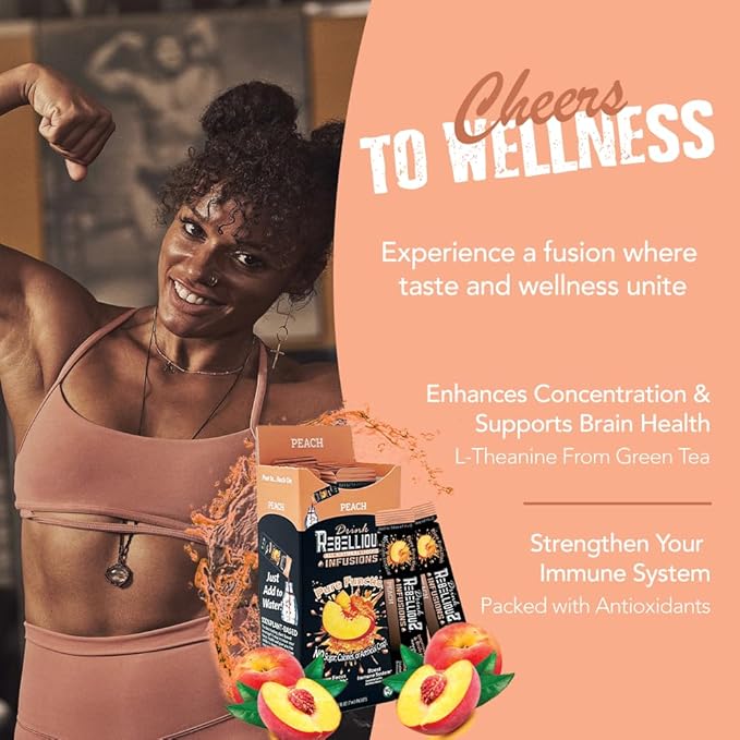 Rebellious Peach Organic Drink Mix ??Organic Zero Calorie Energy Drink Mix | Monk Fruit & Green Tea Extract | L-Theanine + Natural Caffeine | 100% Plant-Based | Pack of 10 | Keto, Kosher, Gluten-Free
