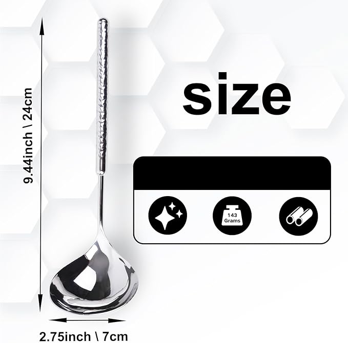 18/8 Stainless Steel Soup Ladle Small, 9.4" Metal Ladle Spoon for Soup Gravy Hot Pot Restaurant, Rustproof Kitchen Utensil Dishwasher Safe, Hammered Design with Round Handle