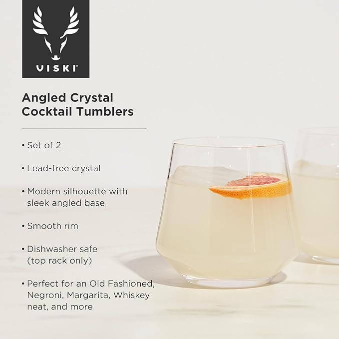 Viski Raye Angled Crystal Tumblers Set of 2 - Premium Crystal Clear Glass, Lowball Cocktail Glasses, Martini Glass Gift Set - 12 oz